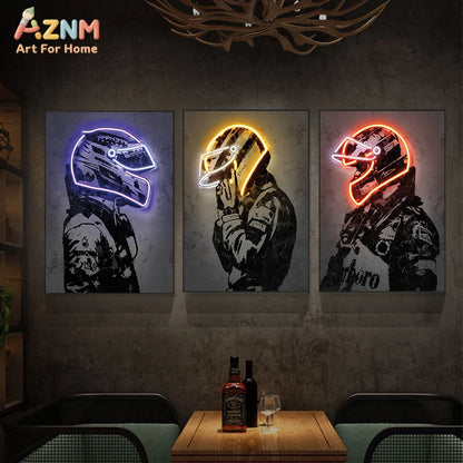 The Neon Motorsport Collection: Retro Helmet Racer Canvas Art