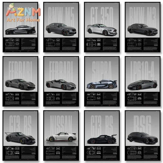 The Heritage Garage Series: Classic Black & White Car Canvas Art