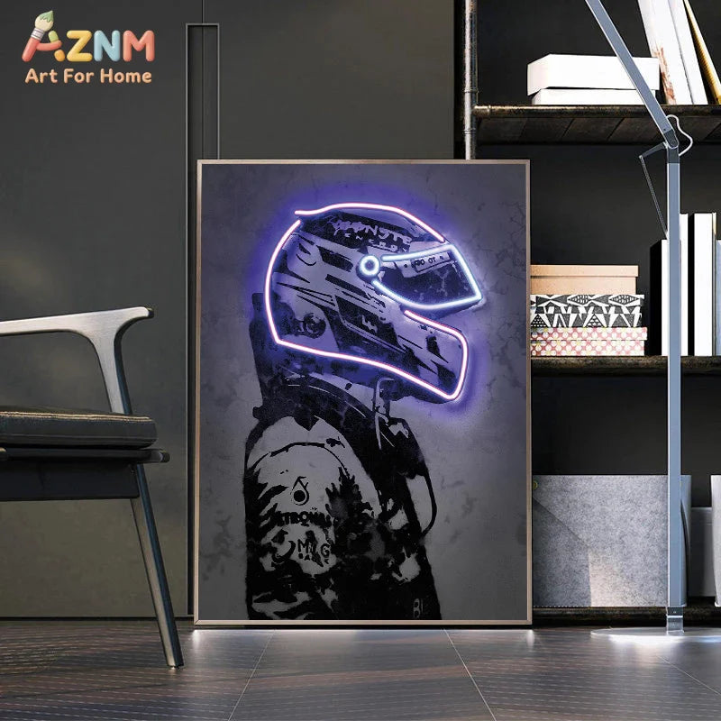 The Neon Motorsport Collection: Retro Helmet Racer Canvas Art